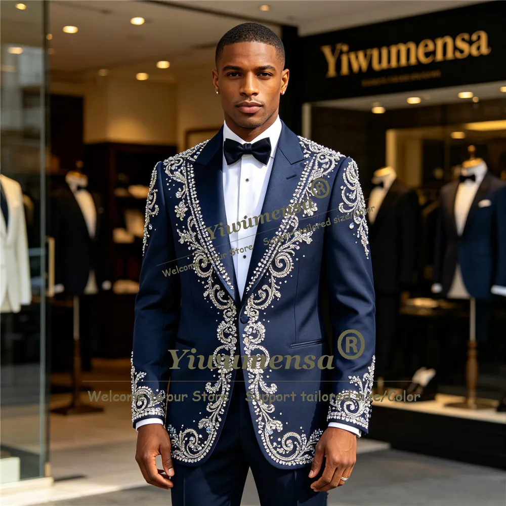 Man Brilliant Satin Tuxedo Suit Gold Crystals Beading Embroidered Prom Blazer Pants 2 Pieces Groom Formal Wear Wedding Outfits