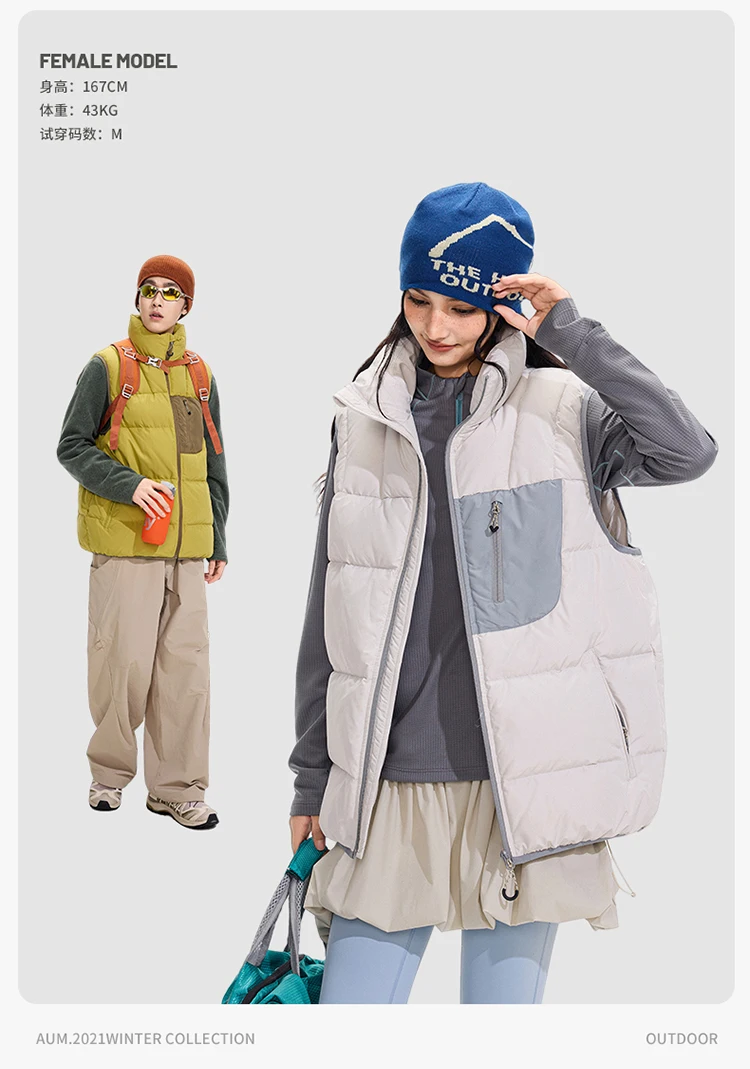 Winter Outdoor Down Vest Men Women Stand Collar Warm Sleeveless Duck Down Jacket Cargo Vest Unisex Waistcoat
