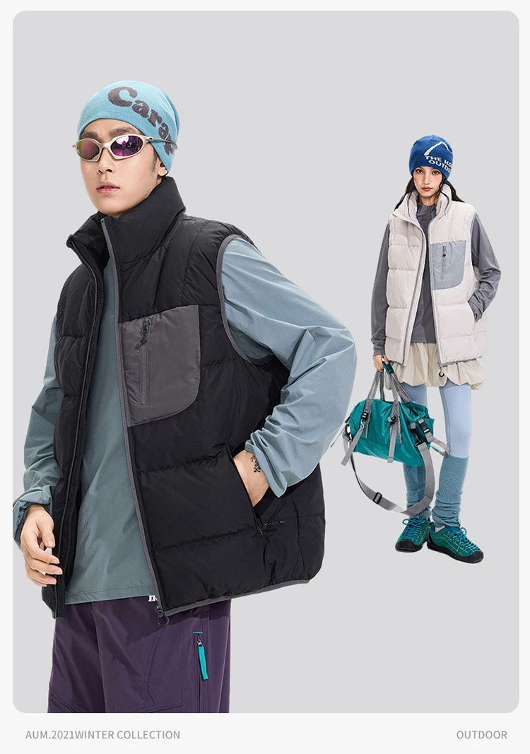 Winter Outdoor Down Vest Men Women Stand Collar Warm Sleeveless Duck Down Jacket Cargo Vest Unisex Waistcoat