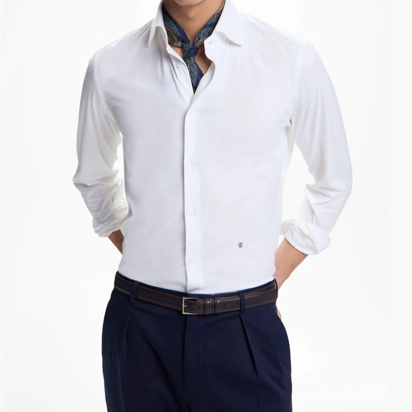 CH Men Solid Color Long Sleeve Dress Shirt Turn Down Collar Button Up Business Formal Shirts Mini Logo Office Daily Tops