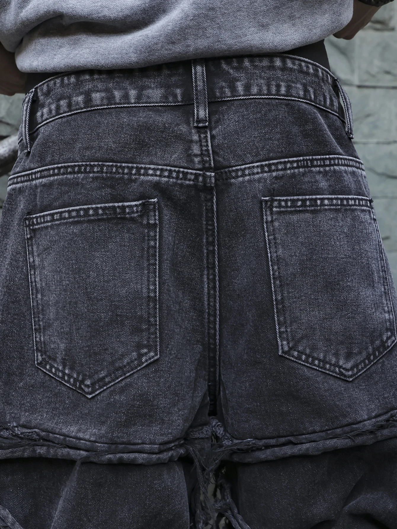 Men's Black Jeans. With a Design of (Ripped Holes) and Tassels. In a Street Trend Style.