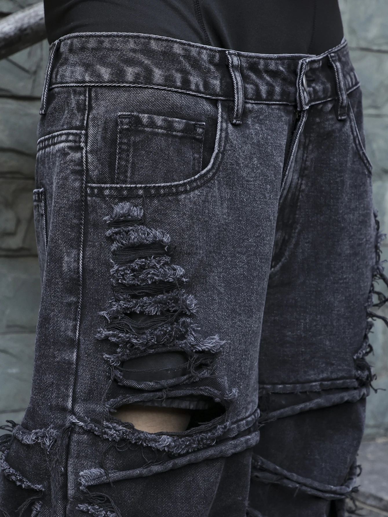 Men's Black Jeans. With a Design of (Ripped Holes) and Tassels. In a Street Trend Style.