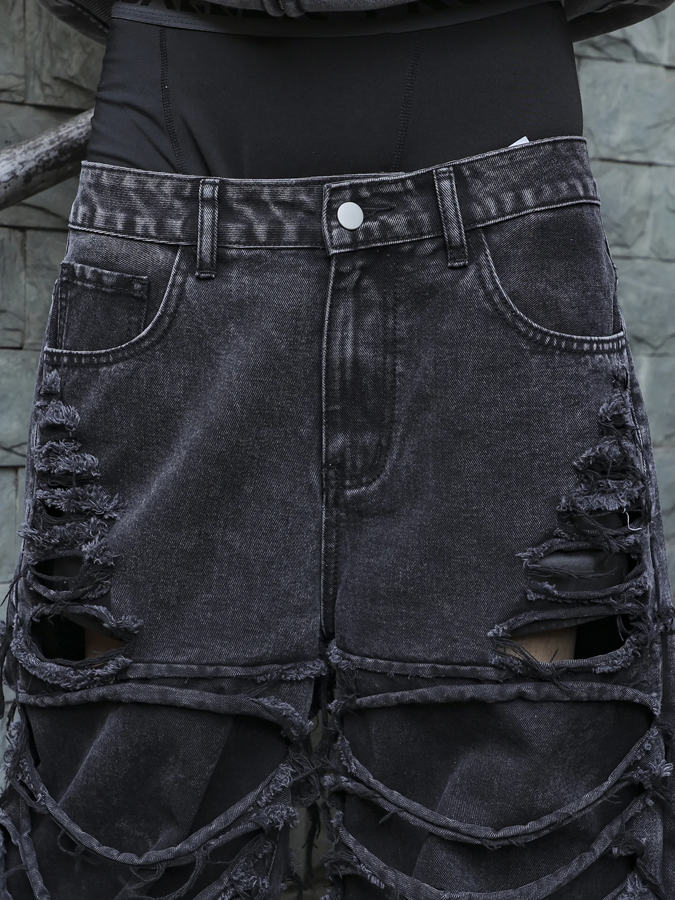 Men's Black Jeans. With a Design of (Ripped Holes) and Tassels. In a Street Trend Style.