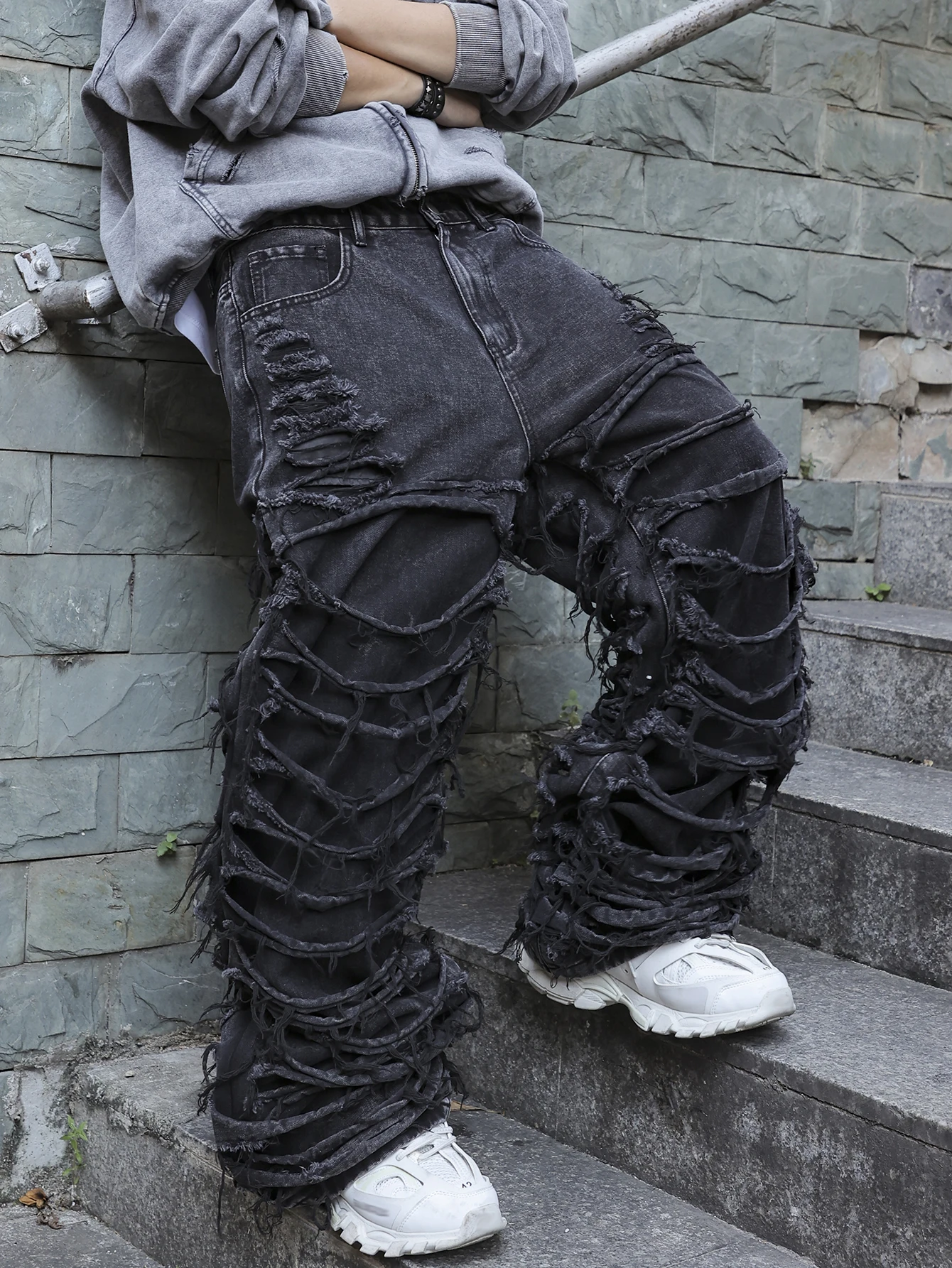 Men's Black Jeans. With a Design of (Ripped Holes) and Tassels. In a Street Trend Style.