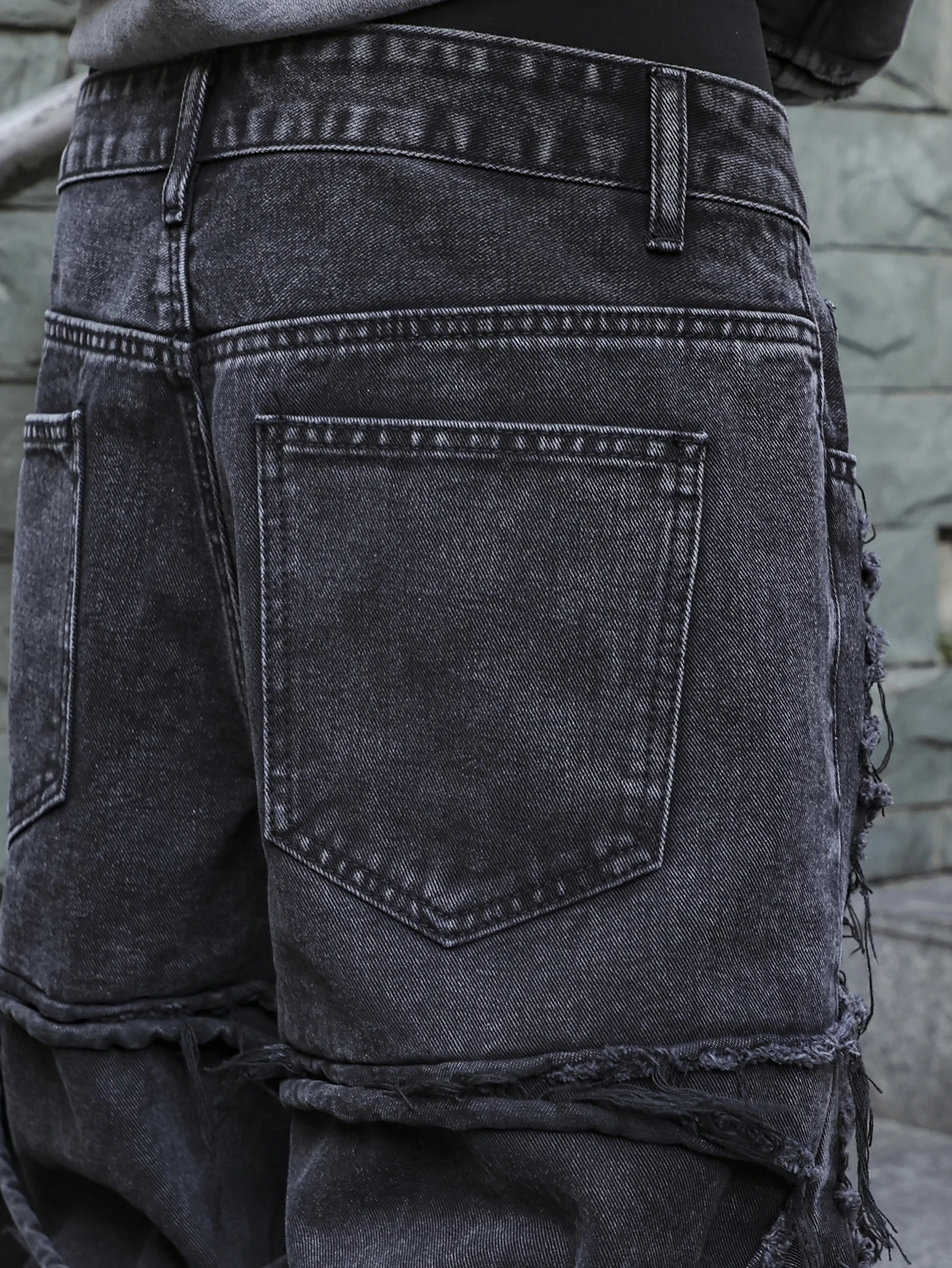 Men's Black Jeans. With a Design of (Ripped Holes) and Tassels. In a Street Trend Style.