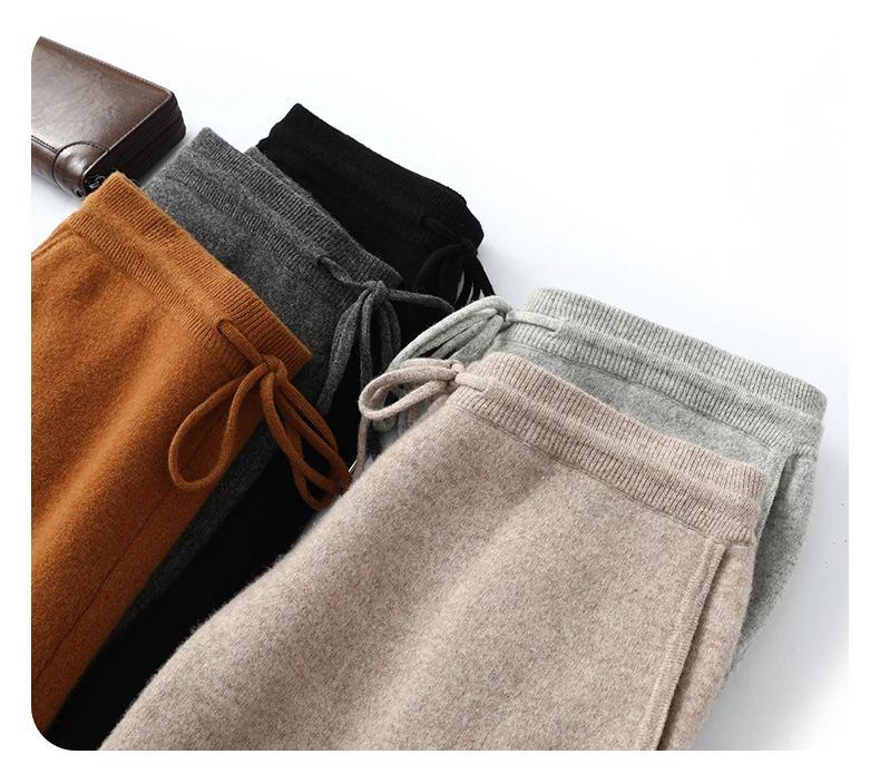 Autumn Winter Thick Men's High Waist Small Foot Pants 100% Merino Wool Knitted Pants Casual Fashion Solid Color Warm Pants