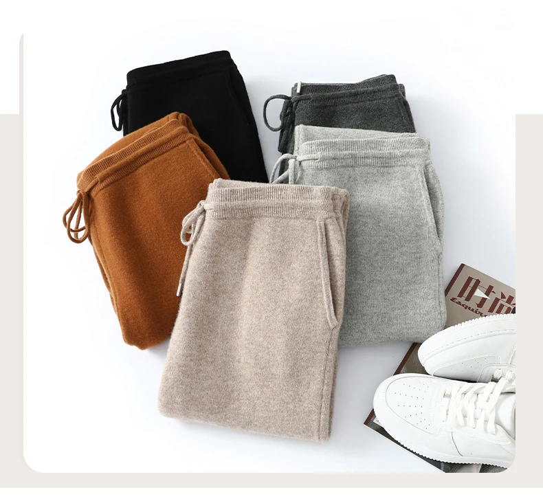 Autumn Winter Thick Men's High Waist Small Foot Pants 100% Merino Wool Knitted Pants Casual Fashion Solid Color Warm Pants