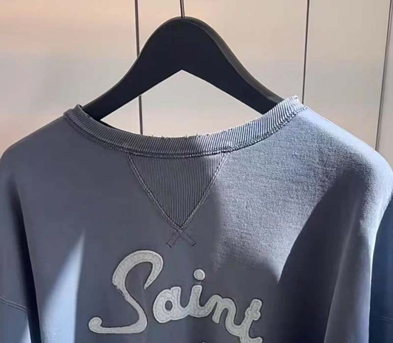 25SS SAINT Hoodies High Street Lightning Embroidered Logo Casual Wash Do Old Round-neck Sweatshirt for Men Women