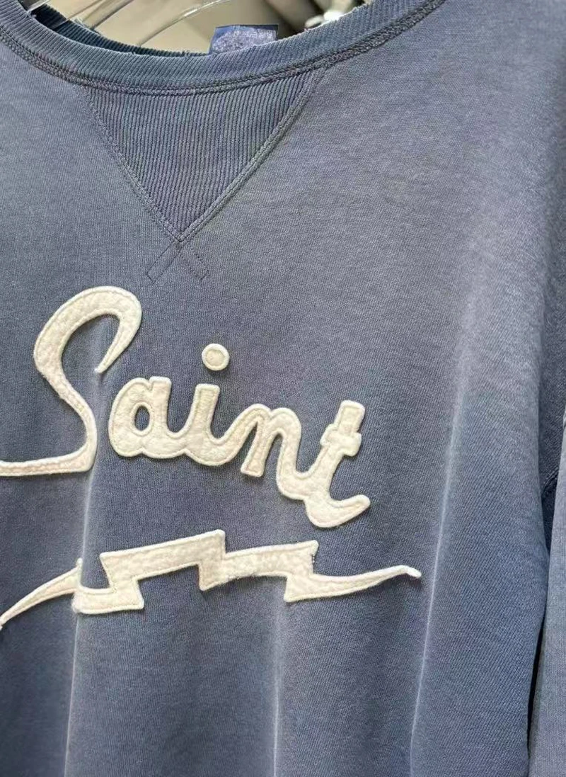 25SS SAINT Hoodies High Street Lightning Embroidered Logo Casual Wash Do Old Round-neck Sweatshirt for Men Women