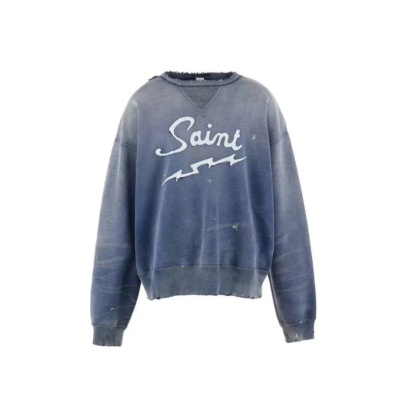 25SS SAINT Hoodies High Street Lightning Embroidered Logo Casual Wash Do Old Round-neck Sweatshirt for Men Women