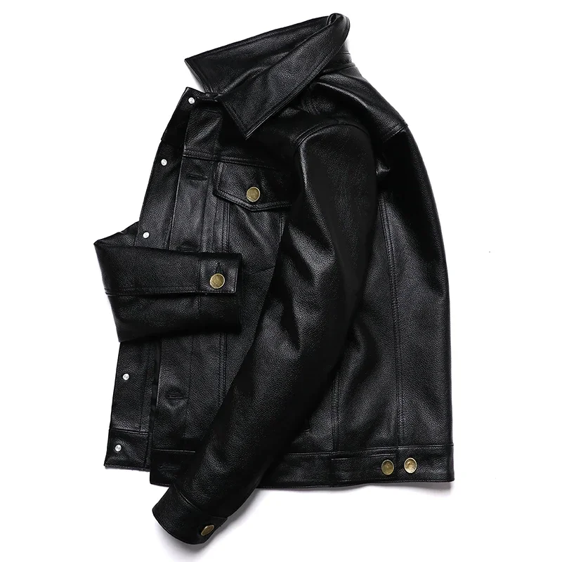 2025 New Cowboy Genuine Leather Jacket Men's Natural Cowhide Slim Short Coat Casual Style Single Breasted Fashion Clothes