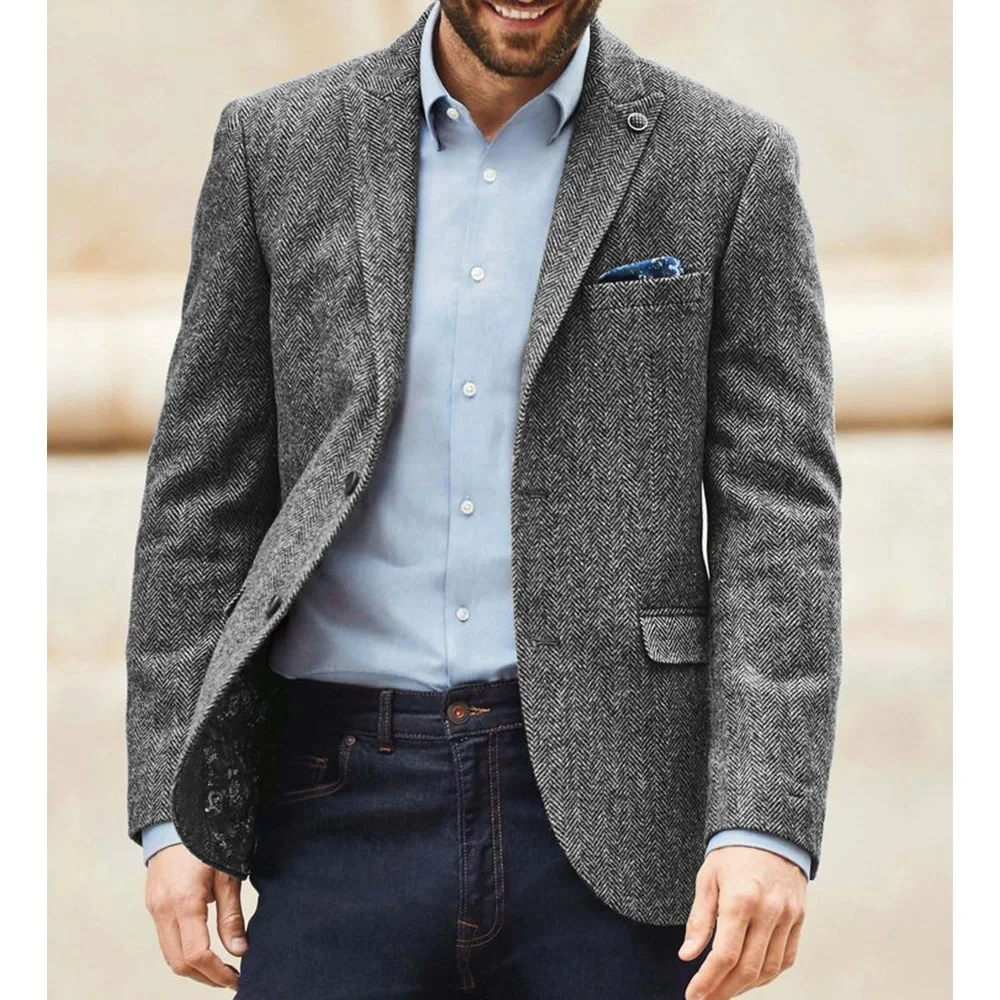Men's Herringbone Suit Jacket Single Breasted Simple Casual Fashion Slim Fit Comfortable Elegant Blazer Business OfficeOuterwear