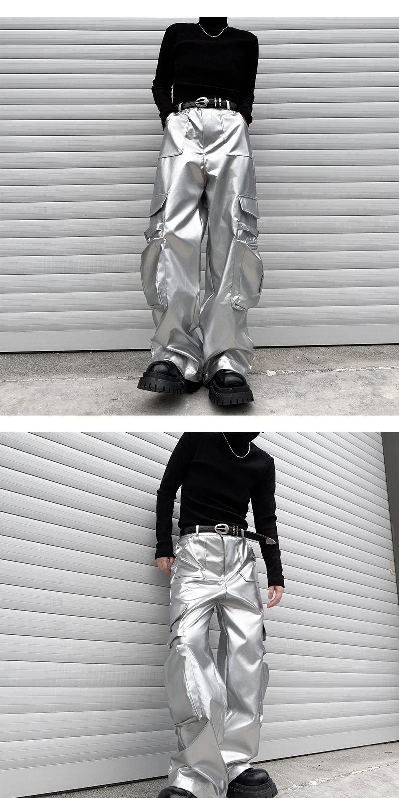 Silver Leather Pant Men Streetwear Fashion Hip Hop Loose Casual Leather Cargo Pants Trousers Stage Clothes Performance Costume