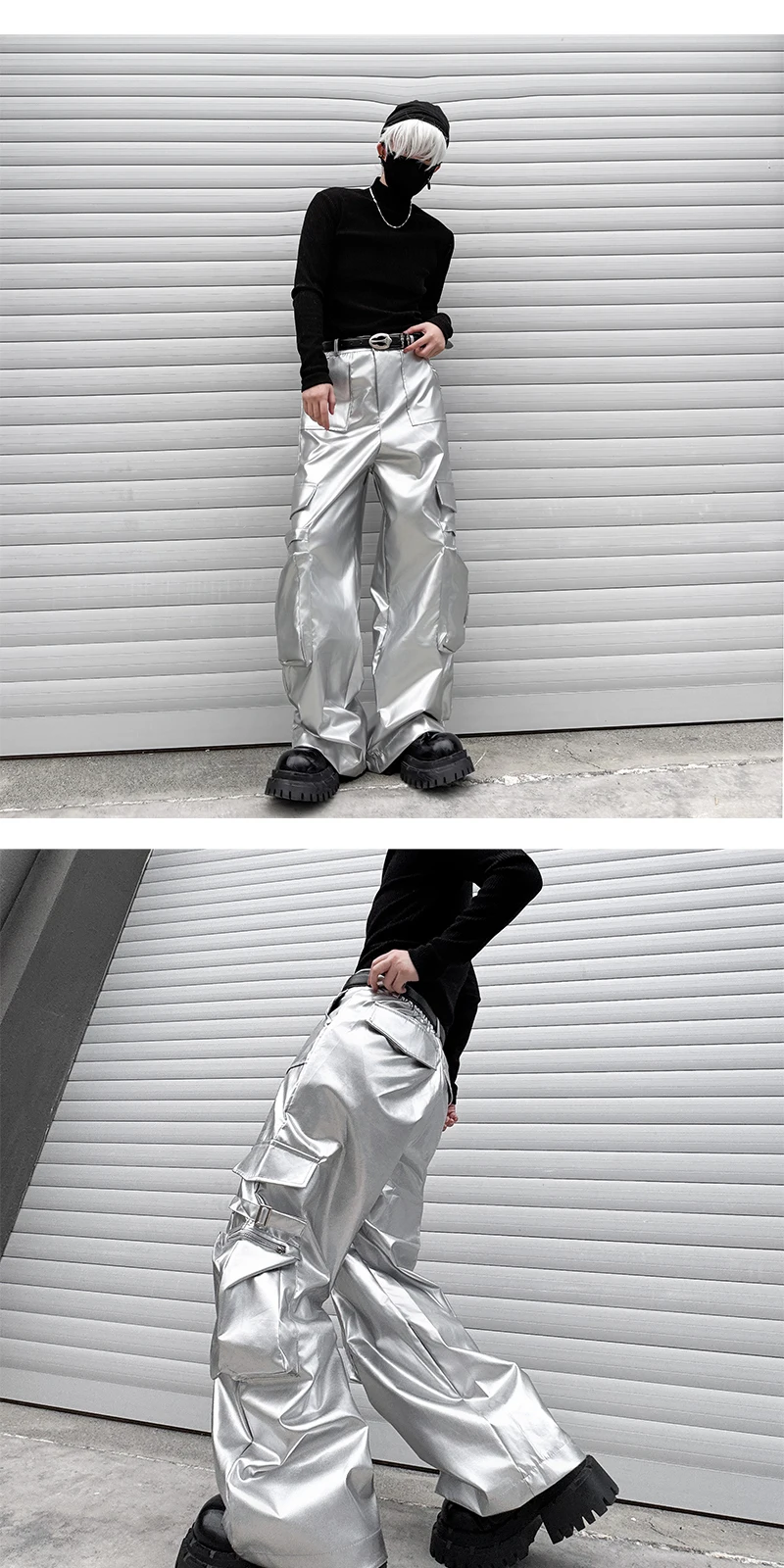 Silver Leather Pant Men Streetwear Fashion Hip Hop Loose Casual Leather Cargo Pants Trousers Stage Clothes Performance Costume