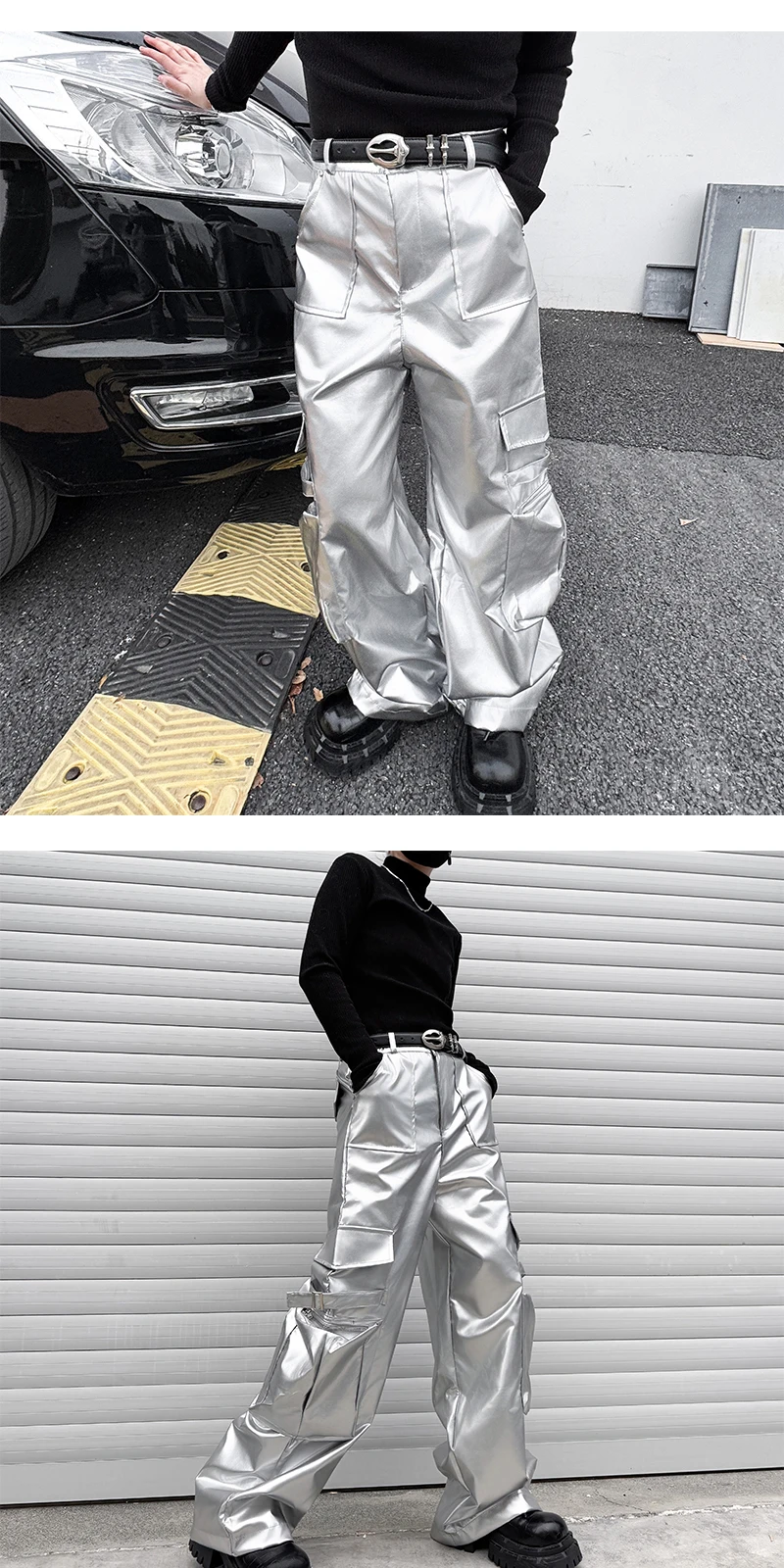 Silver Leather Pant Men Streetwear Fashion Hip Hop Loose Casual Leather Cargo Pants Trousers Stage Clothes Performance Costume