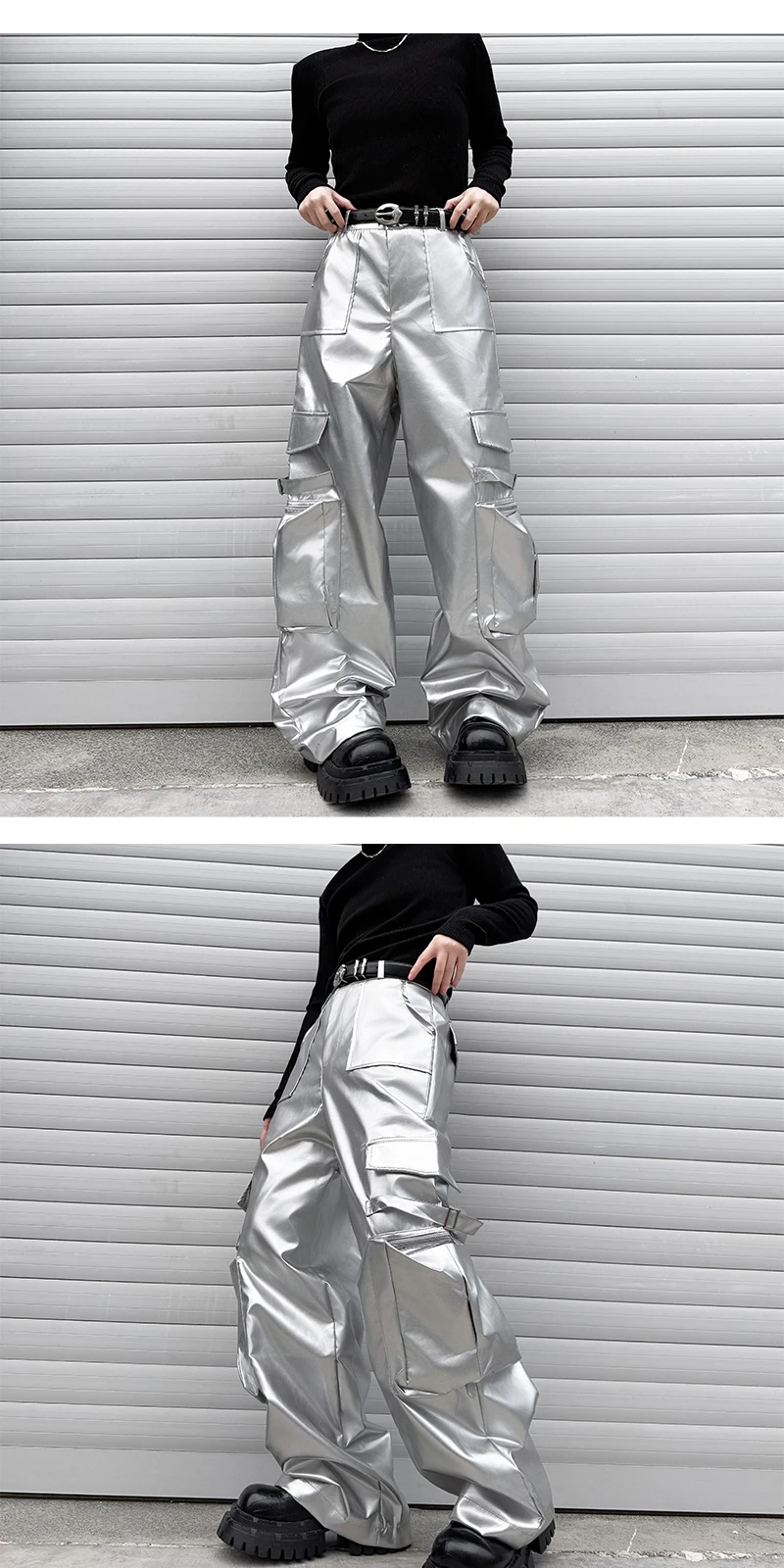 Silver Leather Pant Men Streetwear Fashion Hip Hop Loose Casual Leather Cargo Pants Trousers Stage Clothes Performance Costume