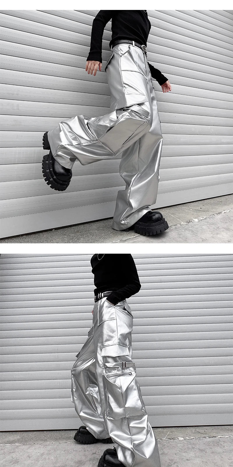Silver Leather Pant Men Streetwear Fashion Hip Hop Loose Casual Leather Cargo Pants Trousers Stage Clothes Performance Costume