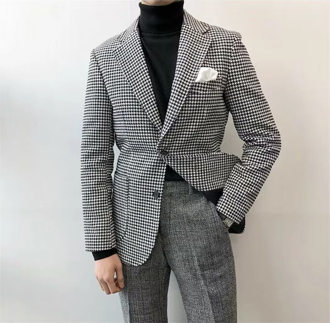 Slim Fit Casual Men's Blazer Houndstooth Fashion Style Business Man Suit Jacket Notch Lapel 1 Pc Check Wedding Coat for Prom