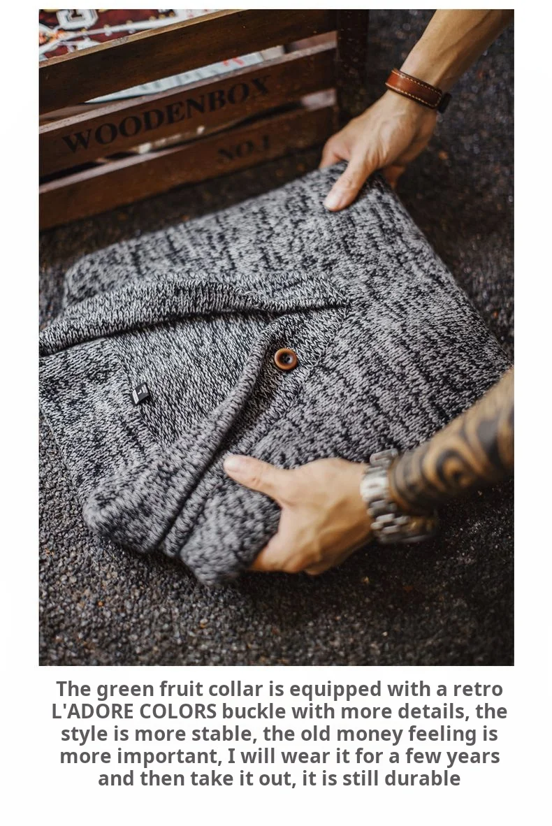 Maden Men's Vintage Shawl Collar Sweater Grey Quiet Luxury Knit Pullover Warm Base Layer for Autumn and Winter 100% Cotton Tops