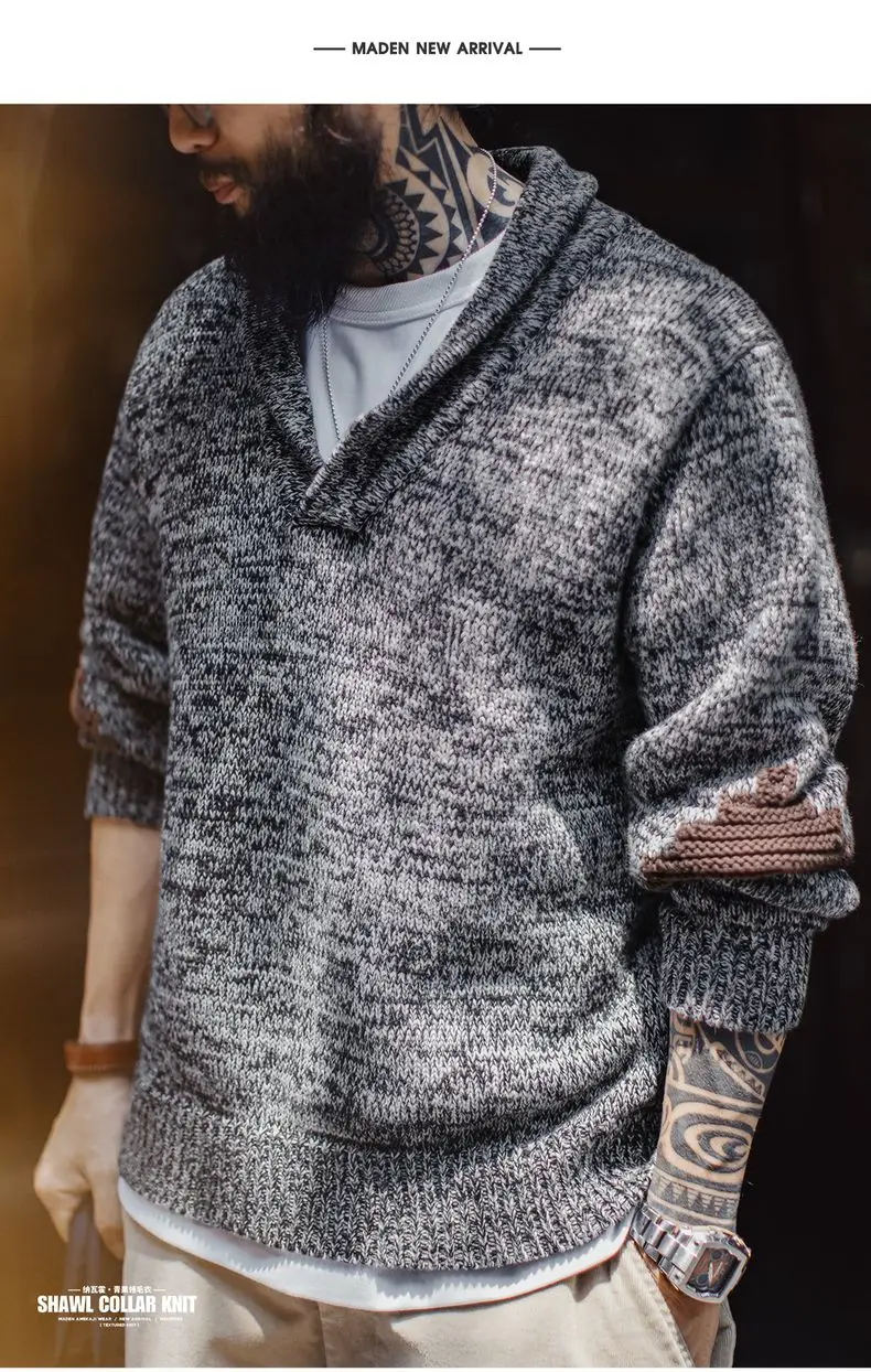 Maden Men's Vintage Shawl Collar Sweater Grey Quiet Luxury Knit Pullover Warm Base Layer for Autumn and Winter 100% Cotton Tops
