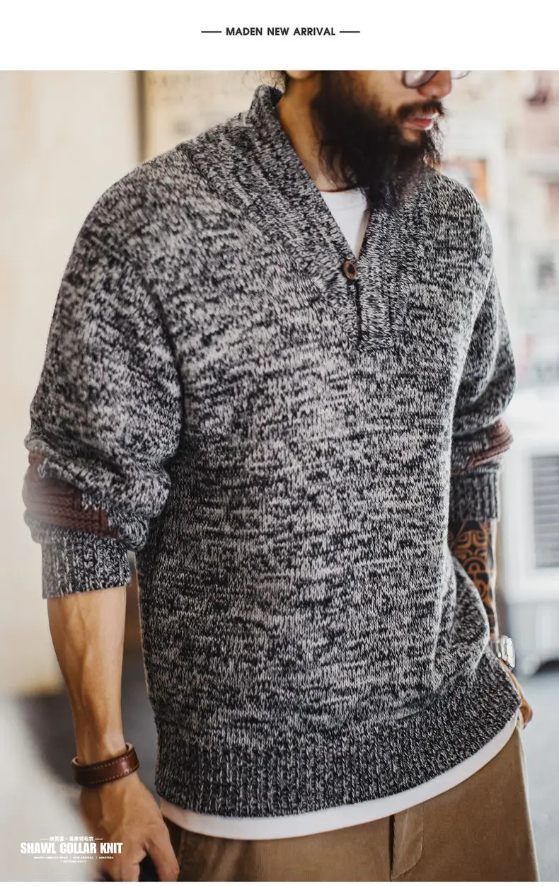 Maden Men's Vintage Shawl Collar Sweater Grey Quiet Luxury Knit Pullover Warm Base Layer for Autumn and Winter 100% Cotton Tops