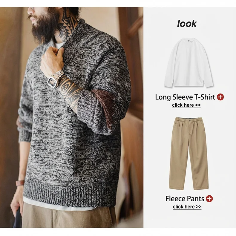 Maden Men's Vintage Shawl Collar Sweater Grey Quiet Luxury Knit Pullover Warm Base Layer for Autumn and Winter 100% Cotton Tops