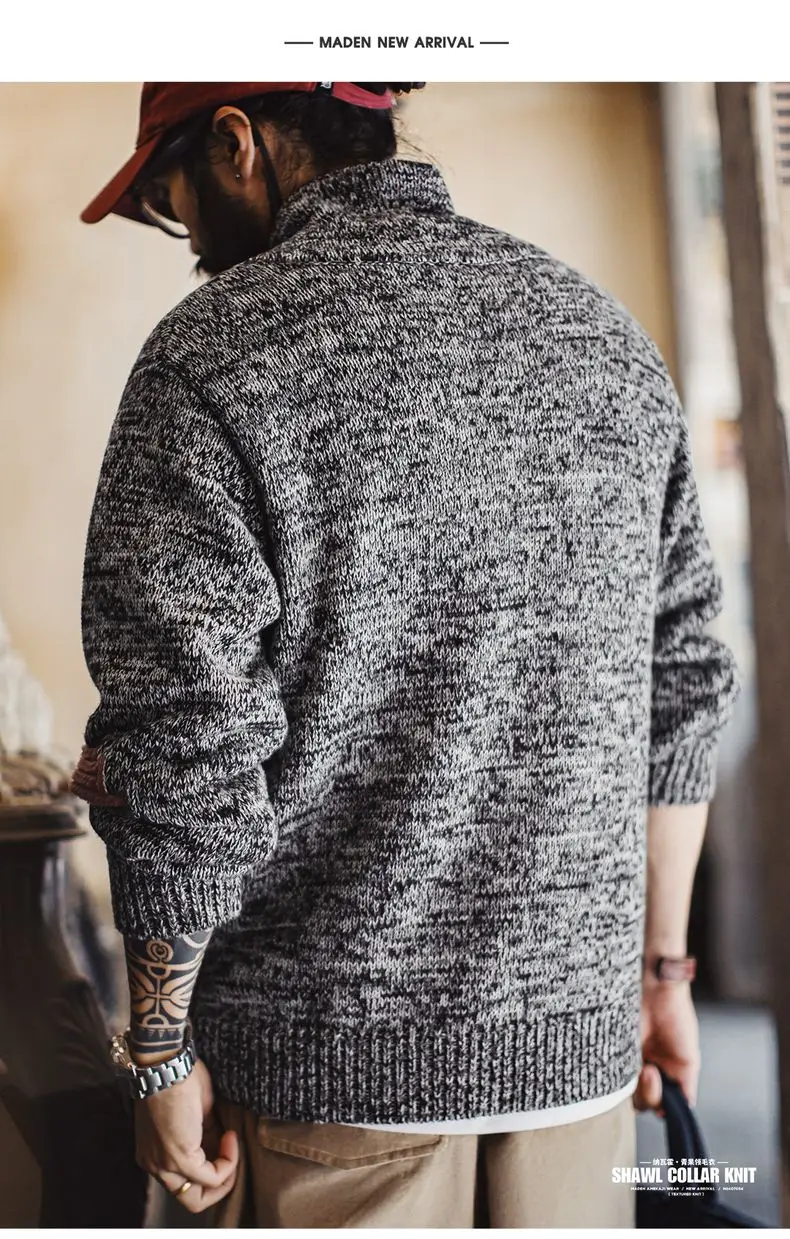 Maden Men's Vintage Shawl Collar Sweater Grey Quiet Luxury Knit Pullover Warm Base Layer for Autumn and Winter 100% Cotton Tops