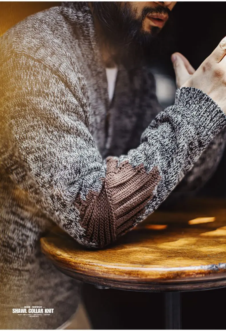 Maden Men's Vintage Shawl Collar Sweater Grey Quiet Luxury Knit Pullover Warm Base Layer for Autumn and Winter 100% Cotton Tops