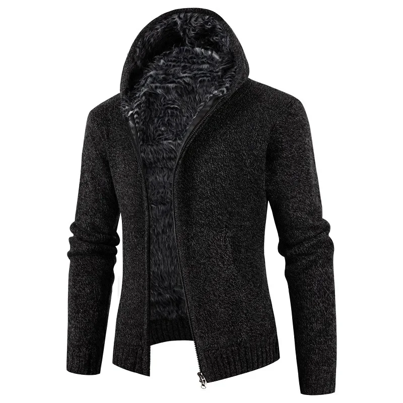 Pop New European And American Style Men's Fleece-lined Hooded Cardigan With Slim Fit And Long Sleeves Knitted Sweater For Winter