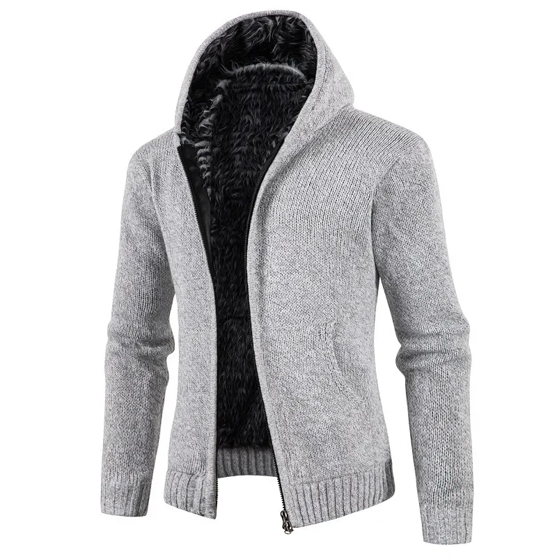 Pop New European And American Style Men's Fleece-lined Hooded Cardigan With Slim Fit And Long Sleeves Knitted Sweater For Winter