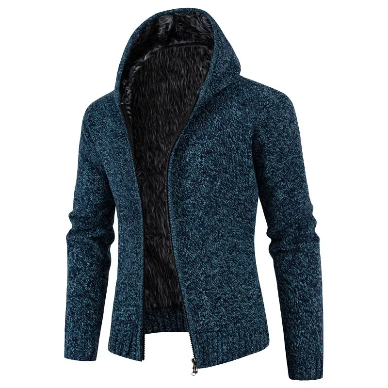 Pop New European And American Style Men's Fleece-lined Hooded Cardigan With Slim Fit And Long Sleeves Knitted Sweater For Winter