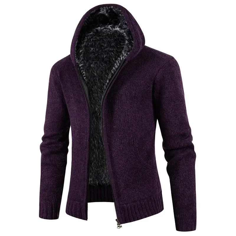 Pop New European And American Style Men's Fleece-lined Hooded Cardigan With Slim Fit And Long Sleeves Knitted Sweater For Winter