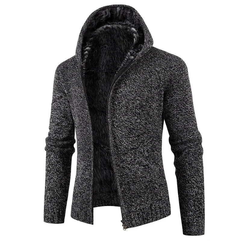 Pop New European And American Style Men's Fleece-lined Hooded Cardigan With Slim Fit And Long Sleeves Knitted Sweater For Winter