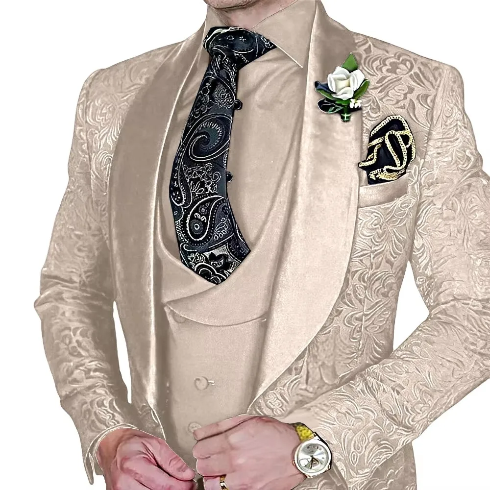 Elegant Mens Wedding Suits Italian Design Champagne Smoking Groom Tuxedo Jacket Vest Pants 3 Piece Party Prom Suits Set For Men