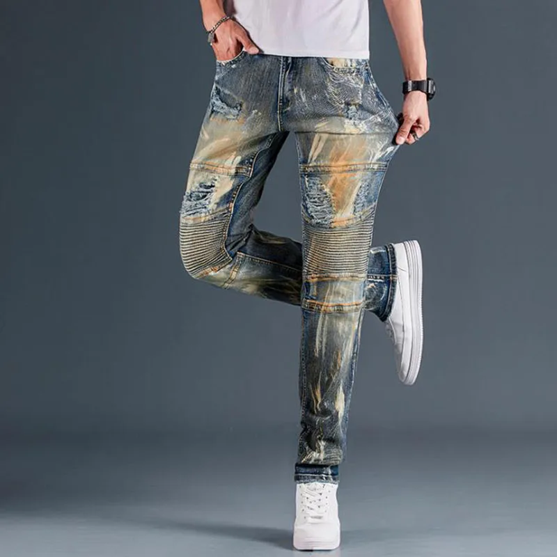 2021 New Fashion Mens Moto Biker Straight Jeans Spring Autumn Punk Streetwear Trouers Casual Denim Designer Pants Size 28-42