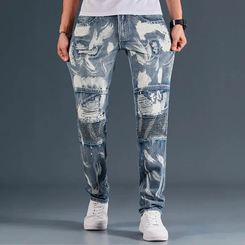 2021 New Fashion Mens Moto Biker Straight Jeans Spring Autumn Punk Streetwear Trouers Casual Denim Designer Pants Size 28-42