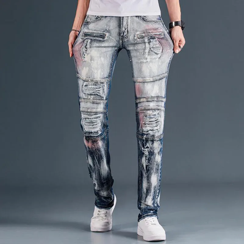 2021 New Fashion Mens Moto Biker Straight Jeans Spring Autumn Punk Streetwear Trouers Casual Denim Designer Pants Size 28-42