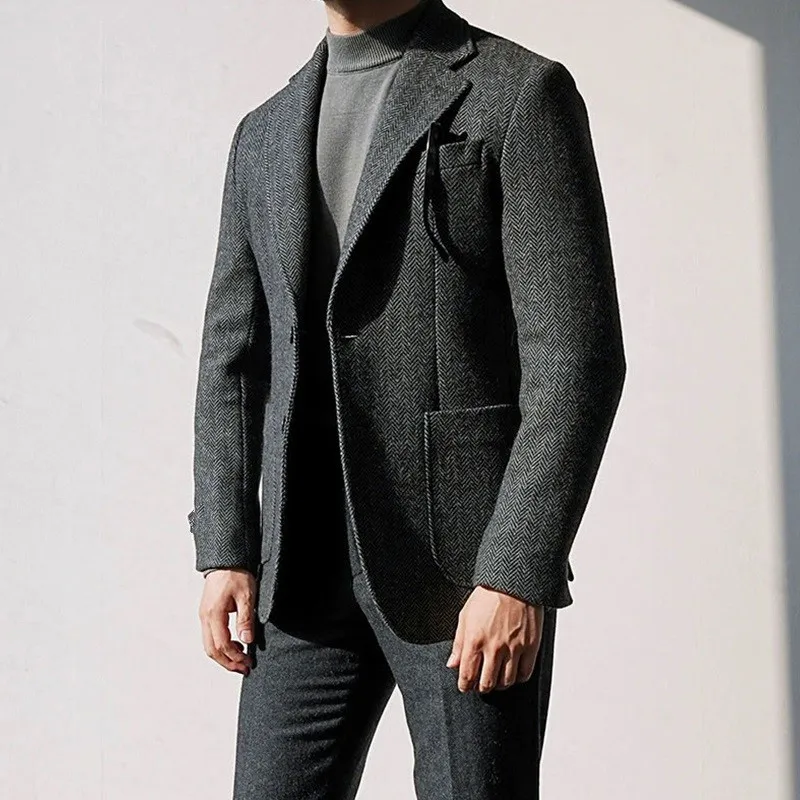 Autumn and Winter British Retro Wool Herringbone Men's Suit Jacket European and American Thick Tweed Woolen Coat