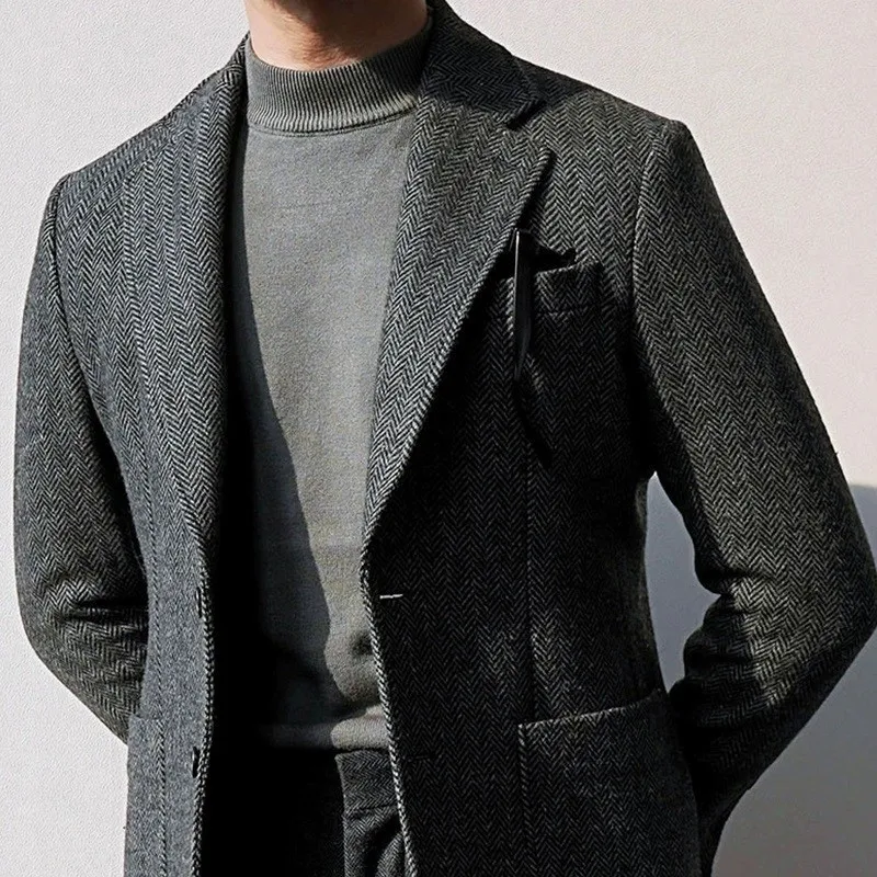 Autumn and Winter British Retro Wool Herringbone Men's Suit Jacket European and American Thick Tweed Woolen Coat