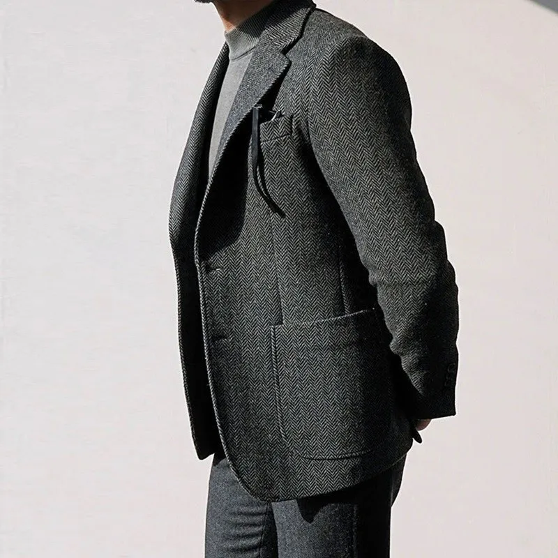 Autumn and Winter British Retro Wool Herringbone Men's Suit Jacket European and American Thick Tweed Woolen Coat