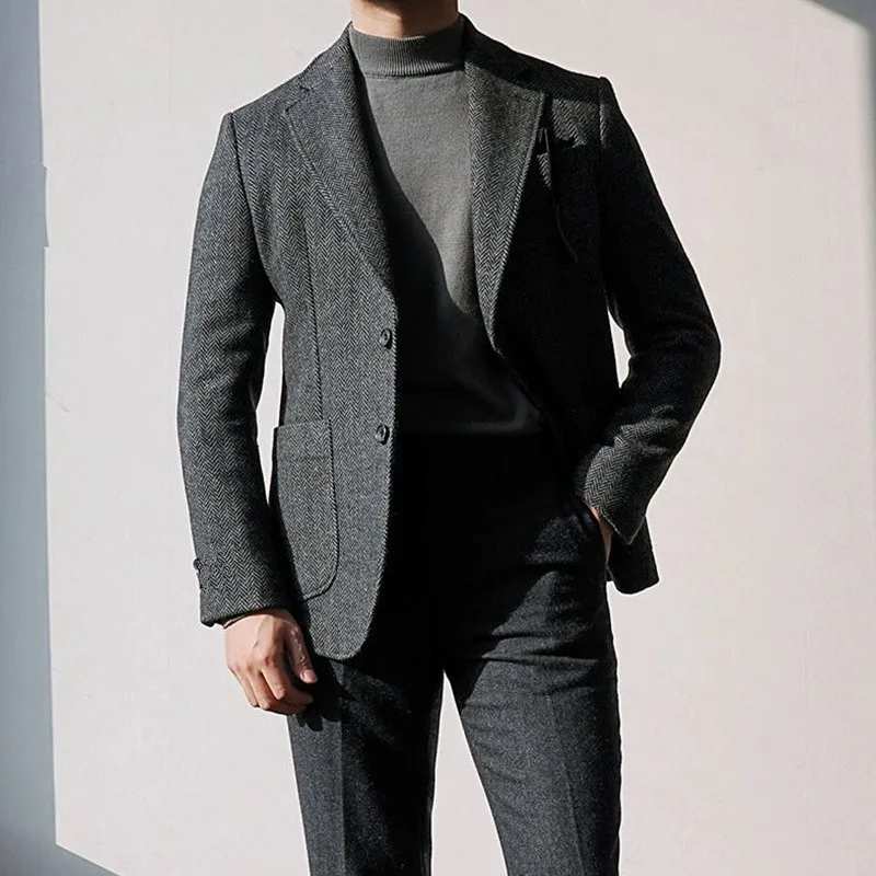 Autumn and Winter British Retro Wool Herringbone Men's Suit Jacket European and American Thick Tweed Woolen Coat