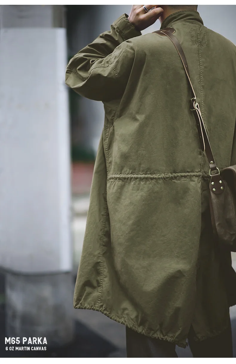 Maden Men's Vintage M65 Fishtail Green And Camel Trench Coat Woven Waist Rope Mid-length Oversized Loose Coat for Men