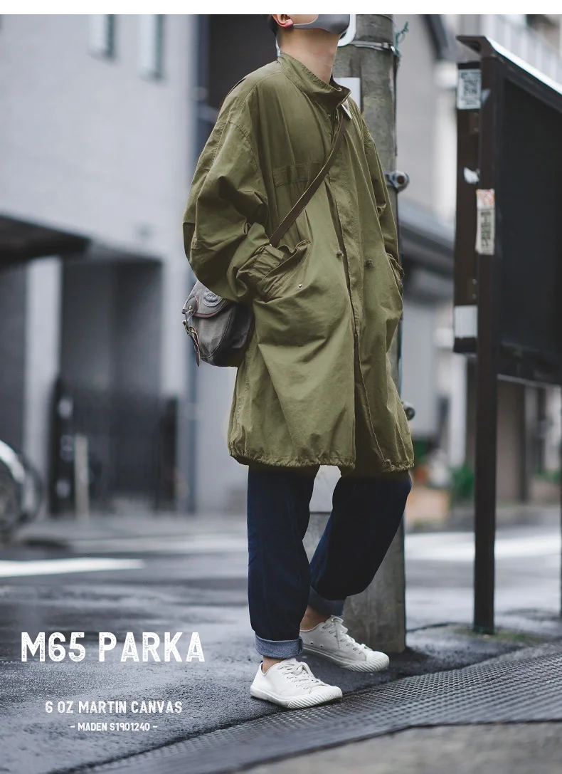 Maden Men's Vintage M65 Fishtail Green And Camel Trench Coat Woven Waist Rope Mid-length Oversized Loose Coat for Men