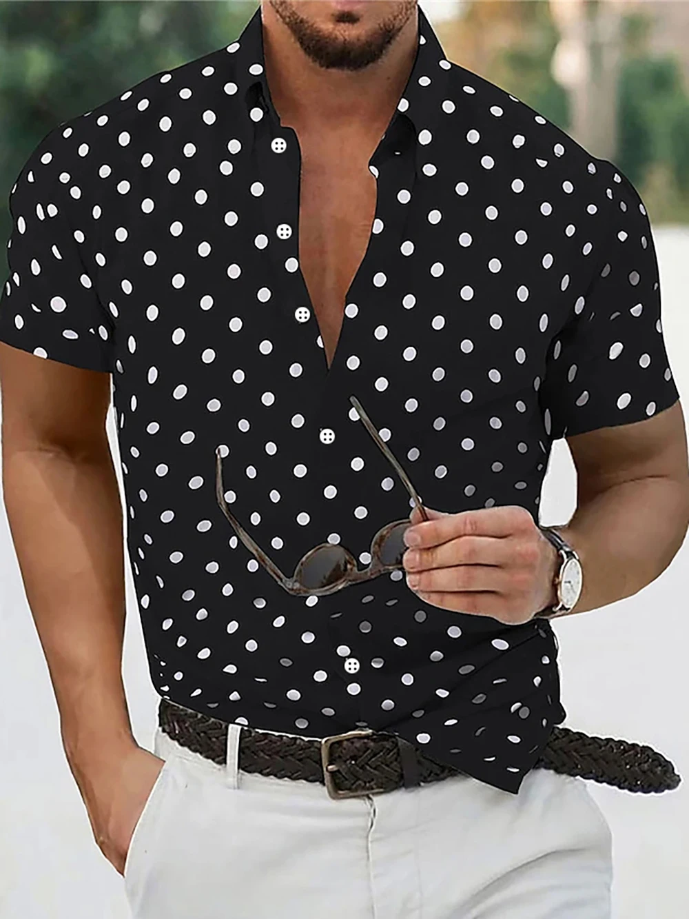 Men's Shirt Button Down Shirt Casual Shirt Summer Shirt Beach Shirt Black White Red White Green Short Sleeve Polka Dot Lapel Pri