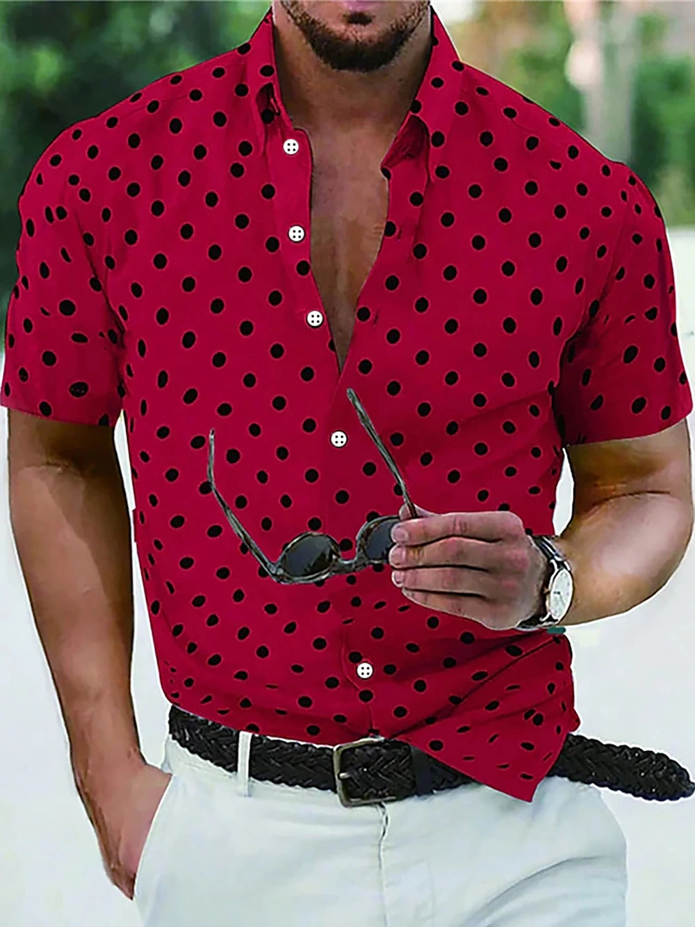 Men's Shirt Button Down Shirt Casual Shirt Summer Shirt Beach Shirt Black White Red White Green Short Sleeve Polka Dot Lapel Pri