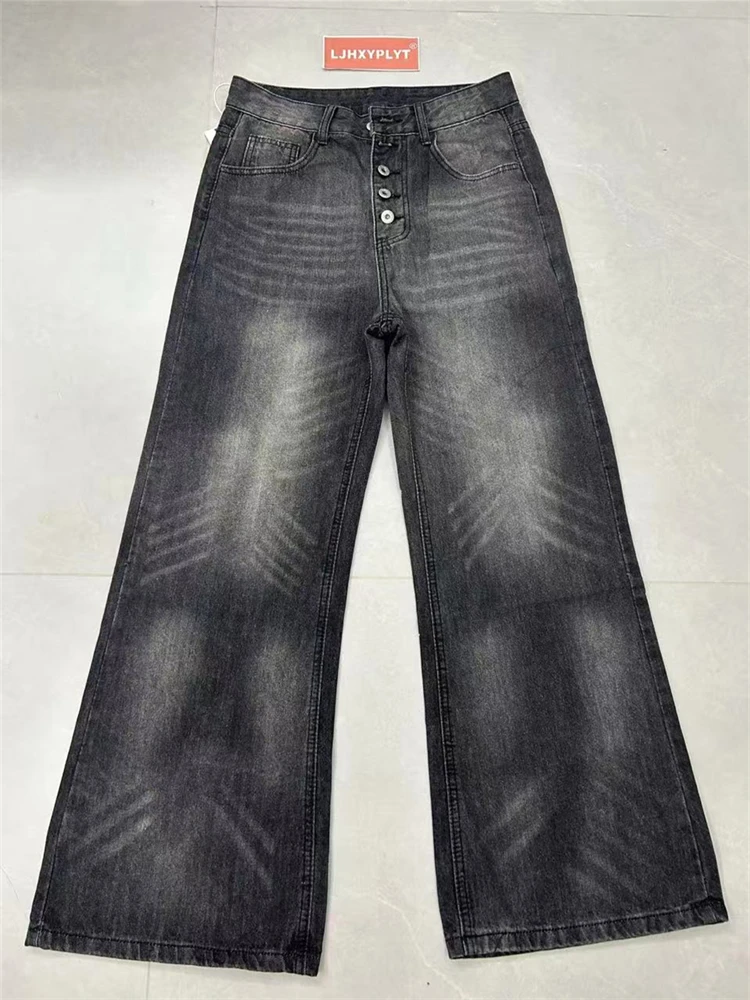 Men's Single Breasted Design Retro Black Gray Jeans Wide-leg Denim Trousers Boys Bottom High Waist Sweatpants Male Casual Pants