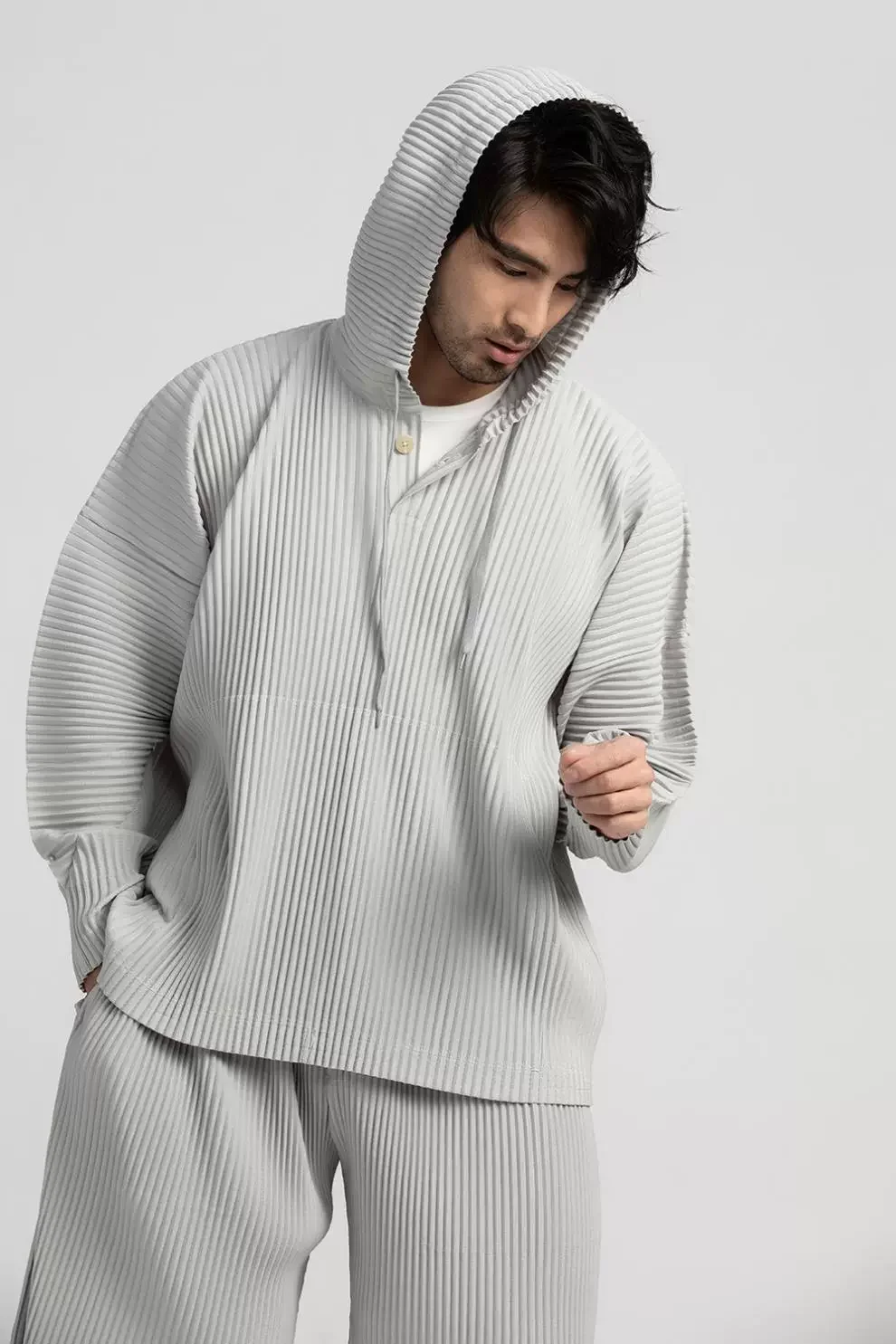 Miyake Pleated Hoodies For Men Breathable Loose Drawstring Casual Top