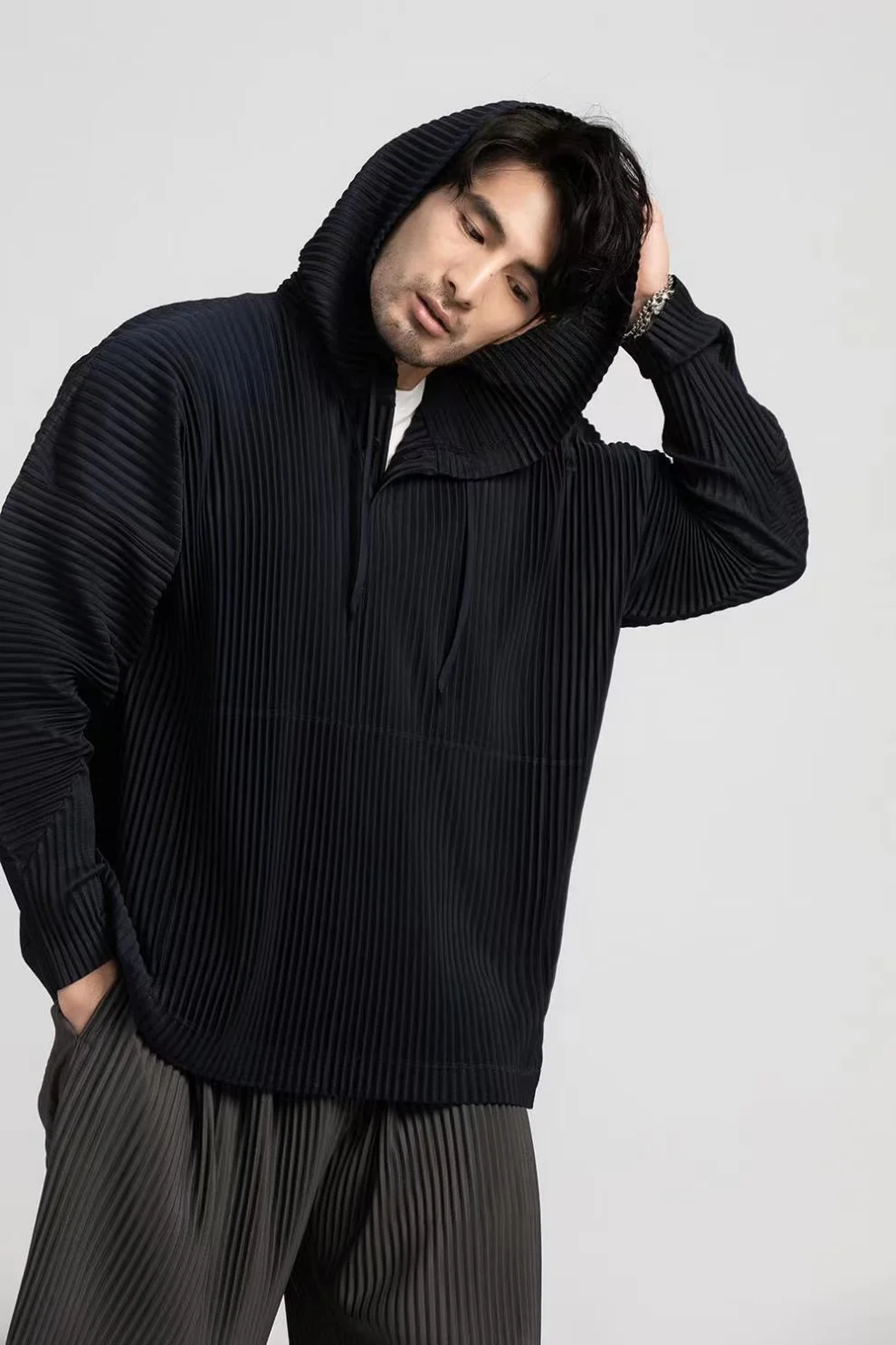 Miyake Pleated Hoodies For Men Breathable Loose Drawstring Casual Top