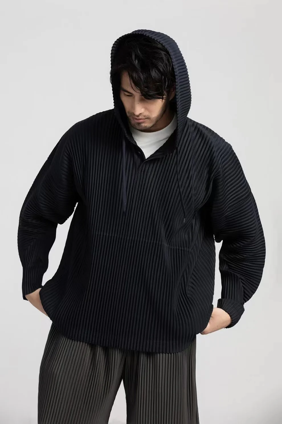 Miyake Pleated Hoodies For Men Breathable Loose Drawstring Casual Top