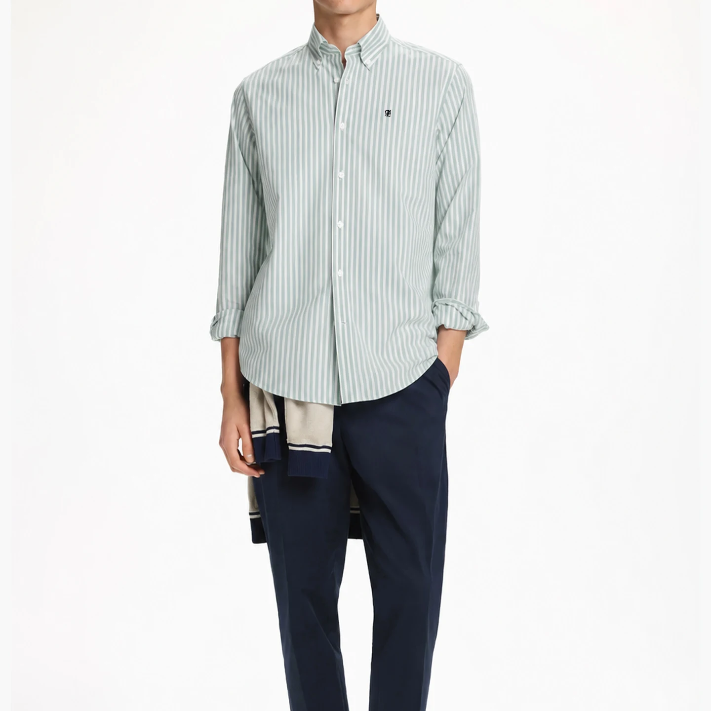 CH Letter Embroidered Stripe Long Sleeve Shirt Men Point Collar Regular Fit Minimalist Chic Soft Cotton Tops
